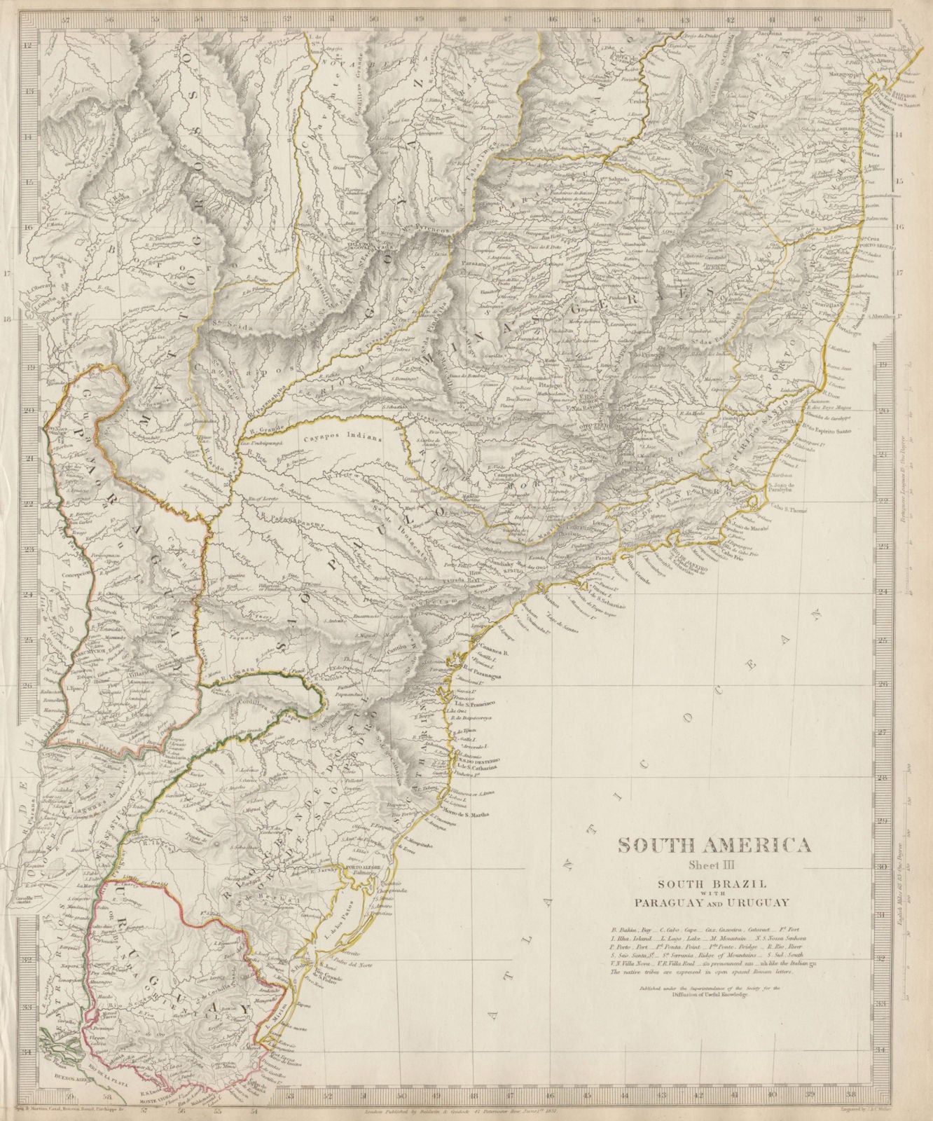 SOUTH BRAZIL, PARAGUAY & URUGUAY. Minas Gerais Sao Paolo Bahia. SDUK 1844 map